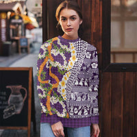 Hawaiian Plumeria Lei Ugly Christmas Sweater Kakau Motifs and Palaka Half Style Purple Color - Polynesian Pride