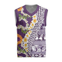 Hawaiian Plumeria Lei Christmas Knitted V-Neck Vest Kakau Motifs and Palaka Half Style Purple Color - Polynesian Pride