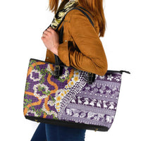 Hawaiian Plumeria Lei Leather Tote Bag Kakau Motifs and Palaka Half Style Purple Color LT03 Purple - Polynesian Pride