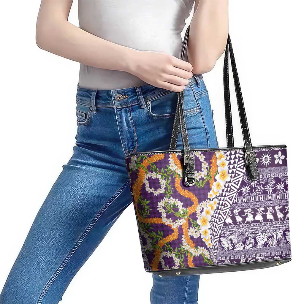 Hawaiian Plumeria Lei Leather Tote Bag Kakau Motifs and Palaka Half Style Purple Color LT03 - Polynesian Pride
