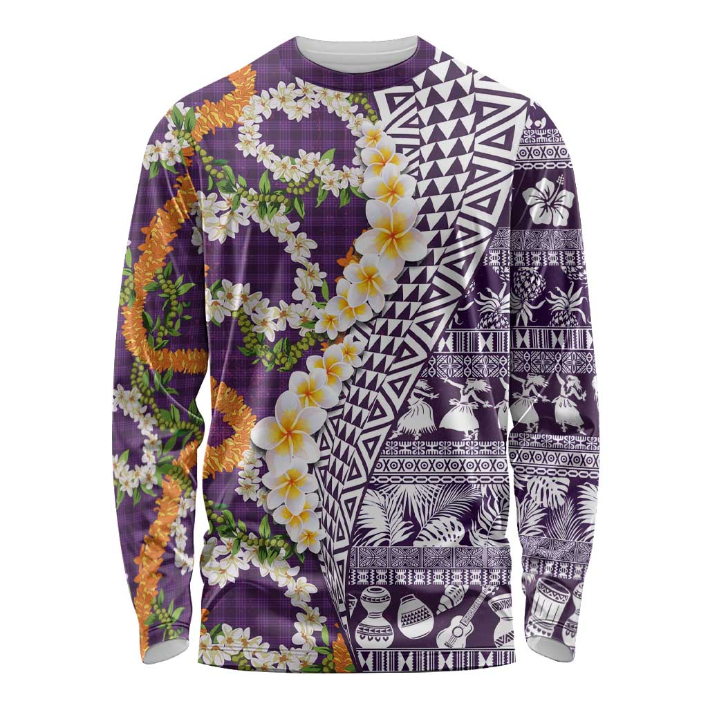 Hawaiian Plumeria Lei Long Sleeve Shirt Kakau Motifs and Palaka Half Style Purple Color LT03 Unisex Purple - Polynesian Pride