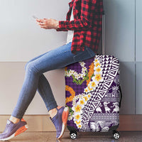 Hawaiian Plumeria Lei Luggage Cover Kakau Motifs and Palaka Half Style Purple Color - Polynesian Pride