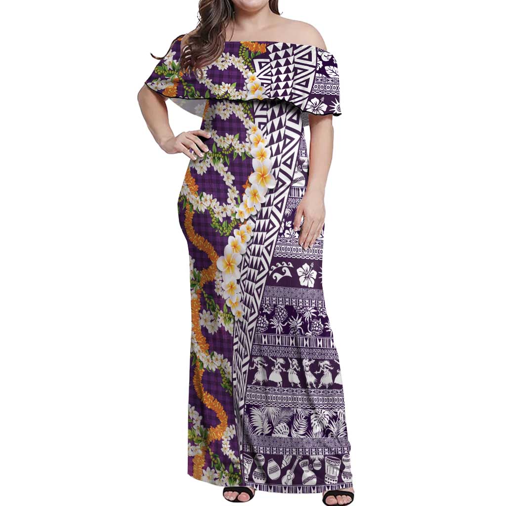 Hawaiian Plumeria Lei Off Shoulder Maxi Dress Kakau Motifs and Palaka Half Style Purple Color - Polynesian Pride