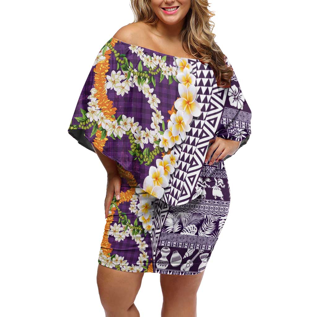 Hawaiian Plumeria Lei Off Shoulder Short Dress Kakau Motifs and Palaka Half Style Purple Color - Polynesian Pride