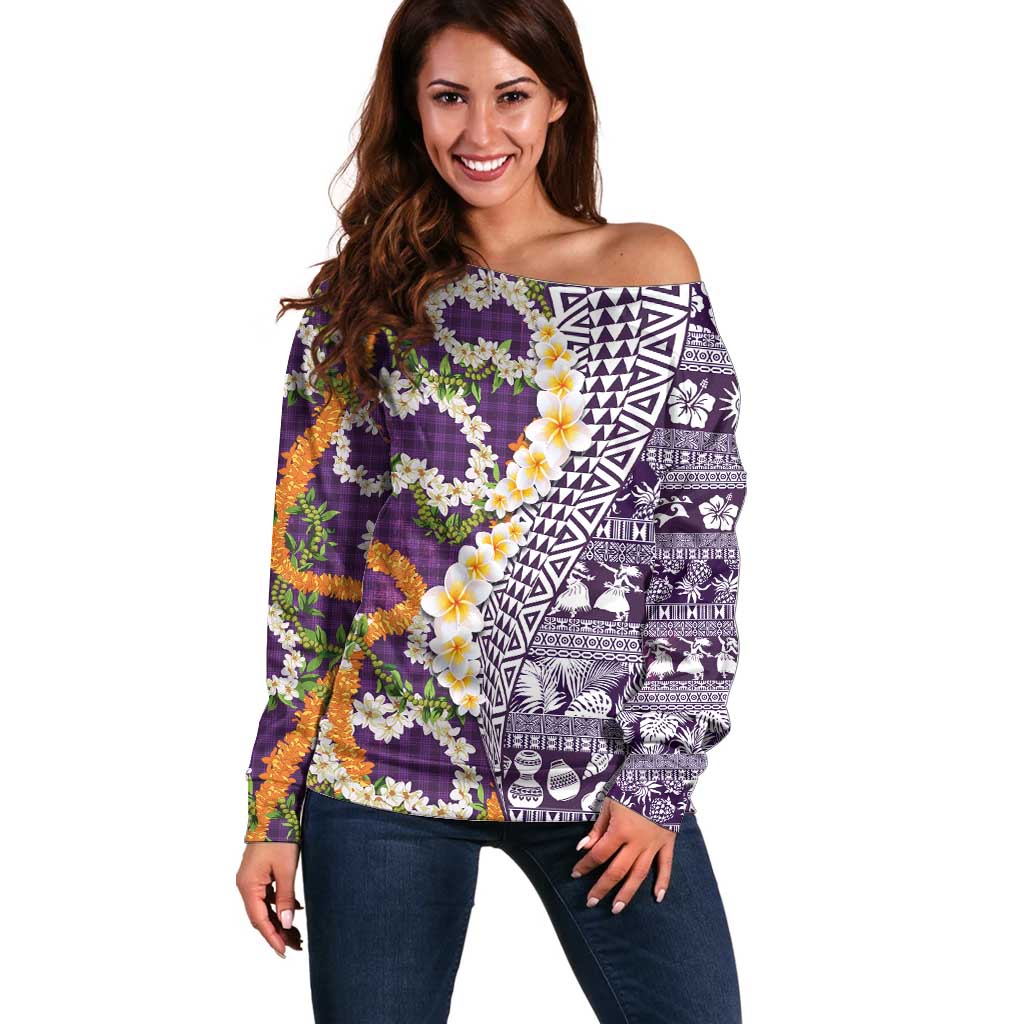 Hawaiian Plumeria Lei Off Shoulder Sweater Kakau Motifs and Palaka Half Style Purple Color - Polynesian Pride