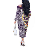 Hawaiian Plumeria Lei Off The Shoulder Long Sleeve Dress Kakau Motifs and Palaka Half Style Purple Color - Polynesian Pride