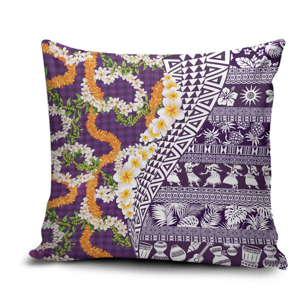 Hawaiian Plumeria Lei Pillow Cover Kakau Motifs and Palaka Half Style Purple Color - Polynesian Pride