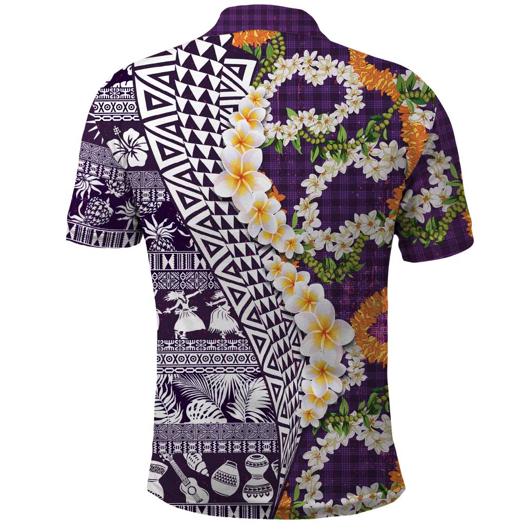 Hawaiian Plumeria Lei Polo Shirt Kakau Motifs and Palaka Half Style Purple Color - Polynesian Pride