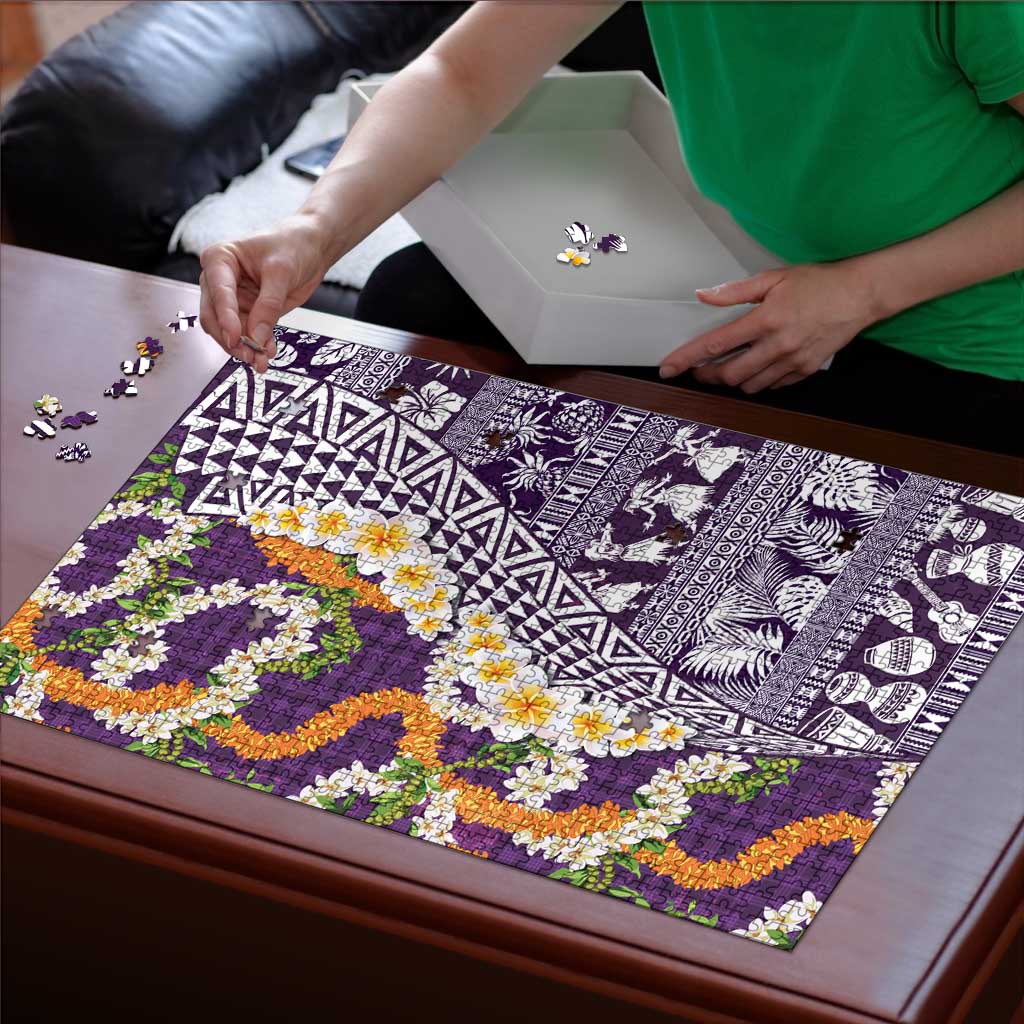 Hawaiian Plumeria Lei Puzzle Kakau Motifs and Palaka Half Style Purple Color LT03 - Polynesian Pride