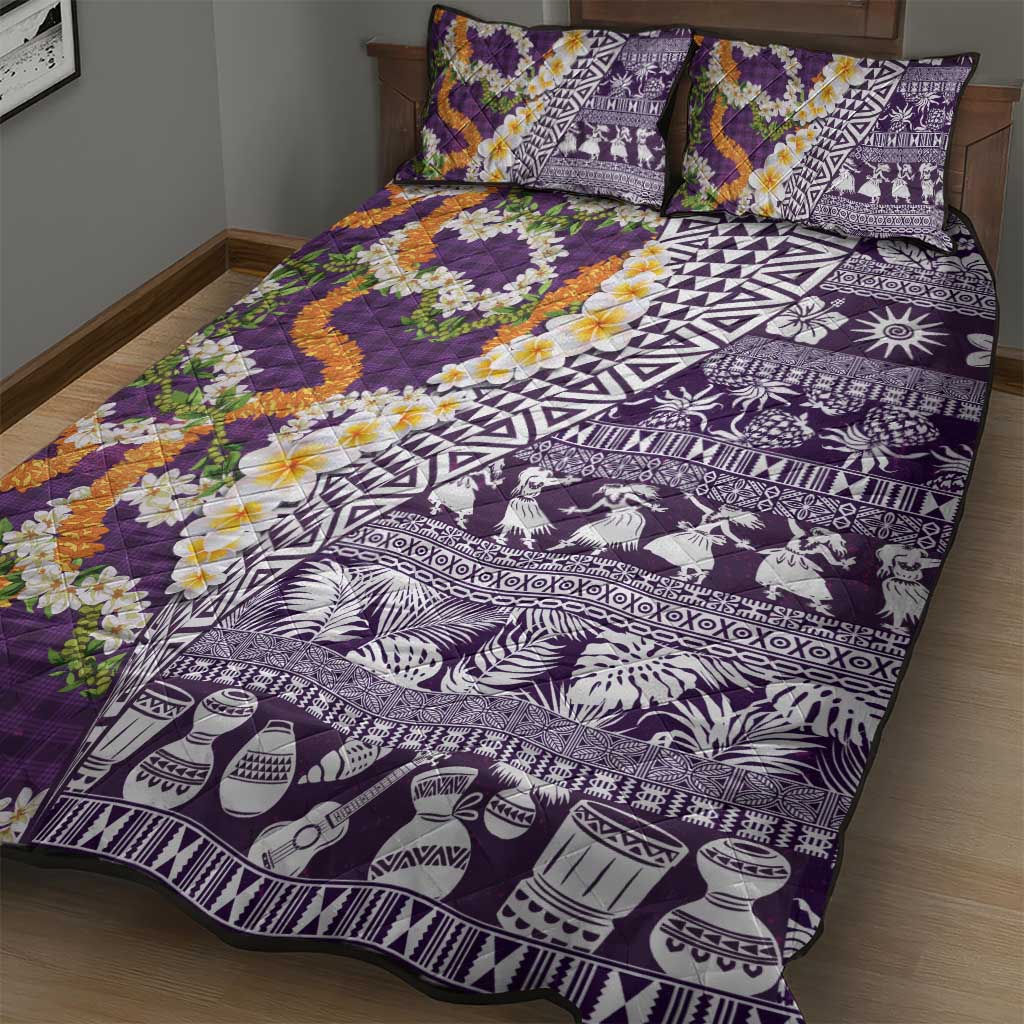 Hawaiian Plumeria Lei Quilt Bed Set Kakau Motifs and Palaka Half Style Purple Color - Polynesian Pride