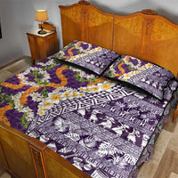 Hawaiian Plumeria Lei Quilt Bed Set Kakau Motifs and Palaka Half Style Purple Color - Polynesian Pride