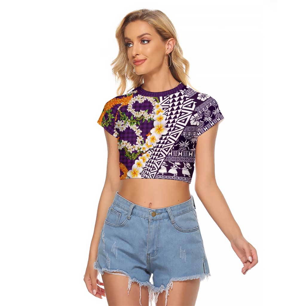 Hawaiian Plumeria Lei Raglan Cropped T Shirt Kakau Motifs and Palaka Half Style Purple Color LT03 Female Purple - Polynesian Pride