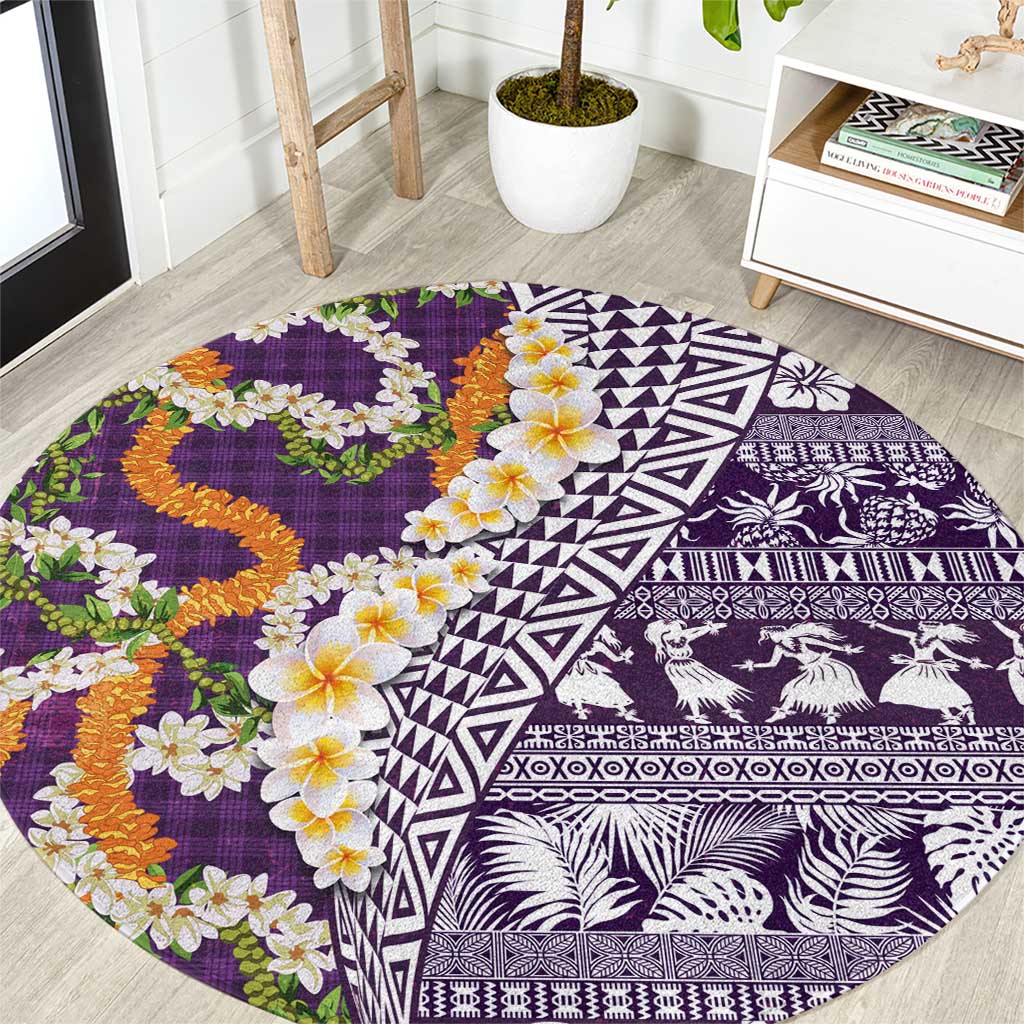 Hawaiian Plumeria Lei Round Carpet Kakau Motifs and Palaka Half Style Purple Color - Polynesian Pride