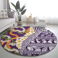 Hawaiian Plumeria Lei Round Carpet Kakau Motifs and Palaka Half Style Purple Color - Polynesian Pride