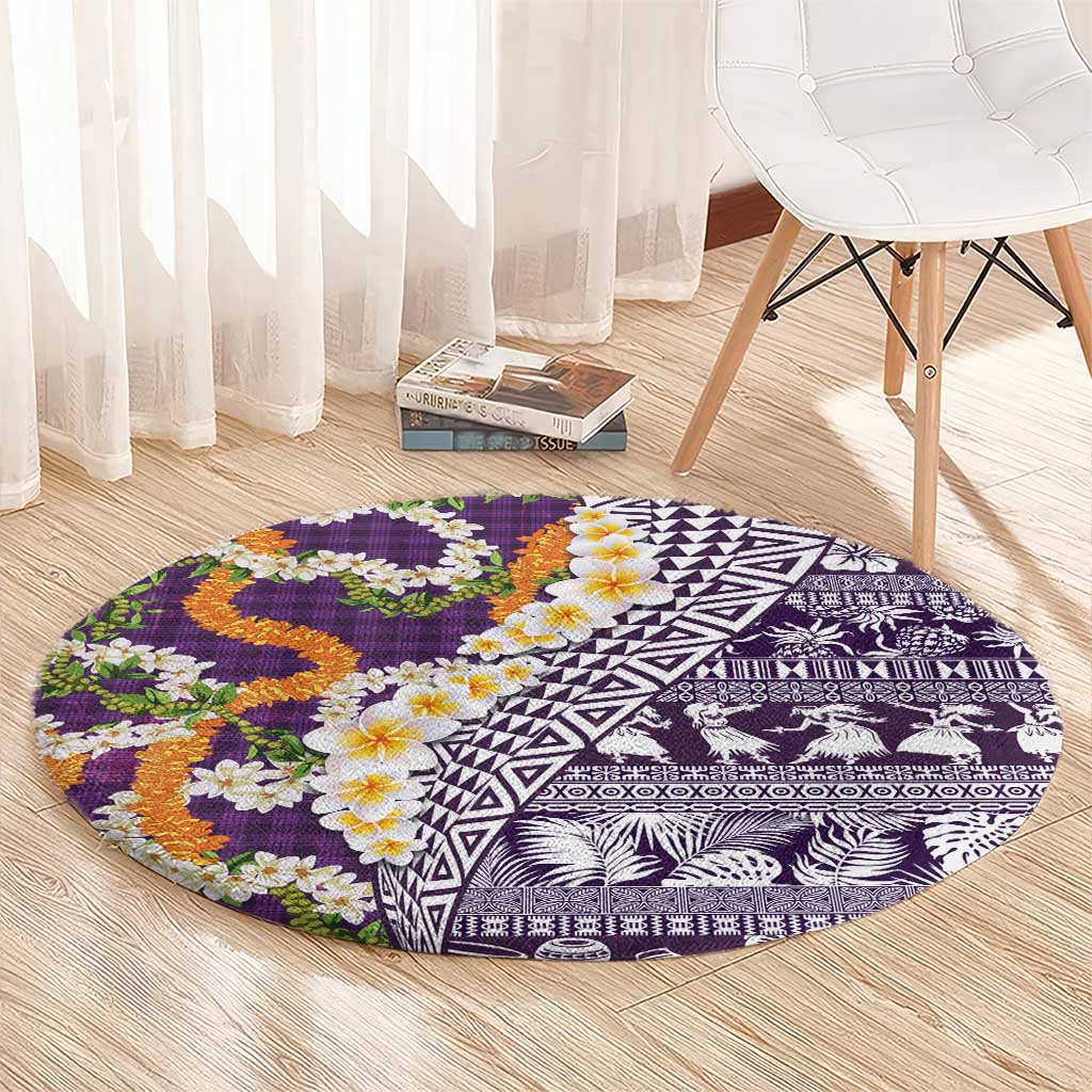 Hawaiian Plumeria Lei Round Carpet Kakau Motifs and Palaka Half Style Purple Color - Polynesian Pride