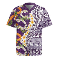 Hawaiian Plumeria Lei Rugby Jersey Kakau Motifs and Palaka Half Style Purple Color - Polynesian Pride