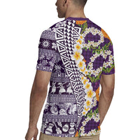Hawaiian Plumeria Lei Rugby Jersey Kakau Motifs and Palaka Half Style Purple Color - Polynesian Pride