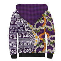 Hawaiian Plumeria Lei Sherpa Hoodie Kakau Motifs and Palaka Half Style Purple Color - Polynesian Pride