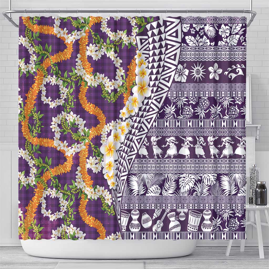 Hawaiian Plumeria Lei Shower Curtain Kakau Motifs and Palaka Half Style Purple Color - Polynesian Pride