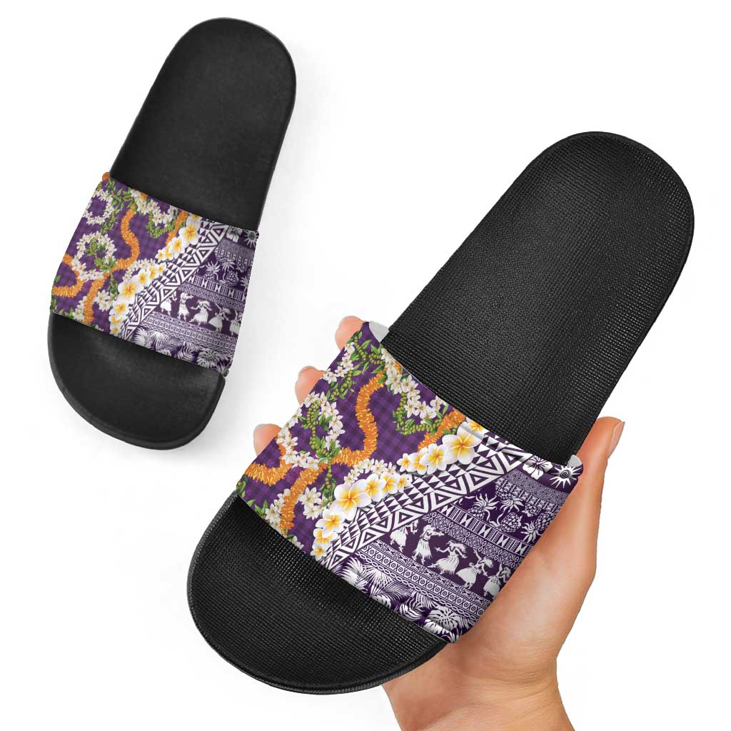 Hawaiian Plumeria Lei Slide Sandals Kakau Motifs and Palaka Half Style Purple Color - Polynesian Pride