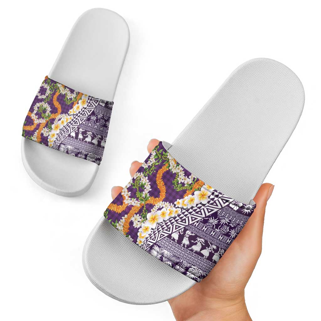 Hawaiian Plumeria Lei Slide Sandals Kakau Motifs and Palaka Half Style Purple Color - Polynesian Pride