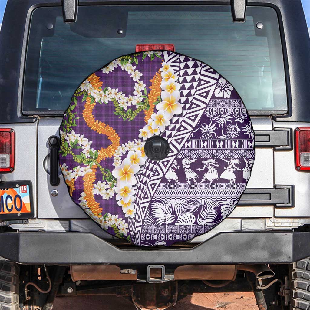 Hawaiian Plumeria Lei Spare Tire Cover Kakau Motifs and Palaka Half Style Purple Color - Polynesian Pride