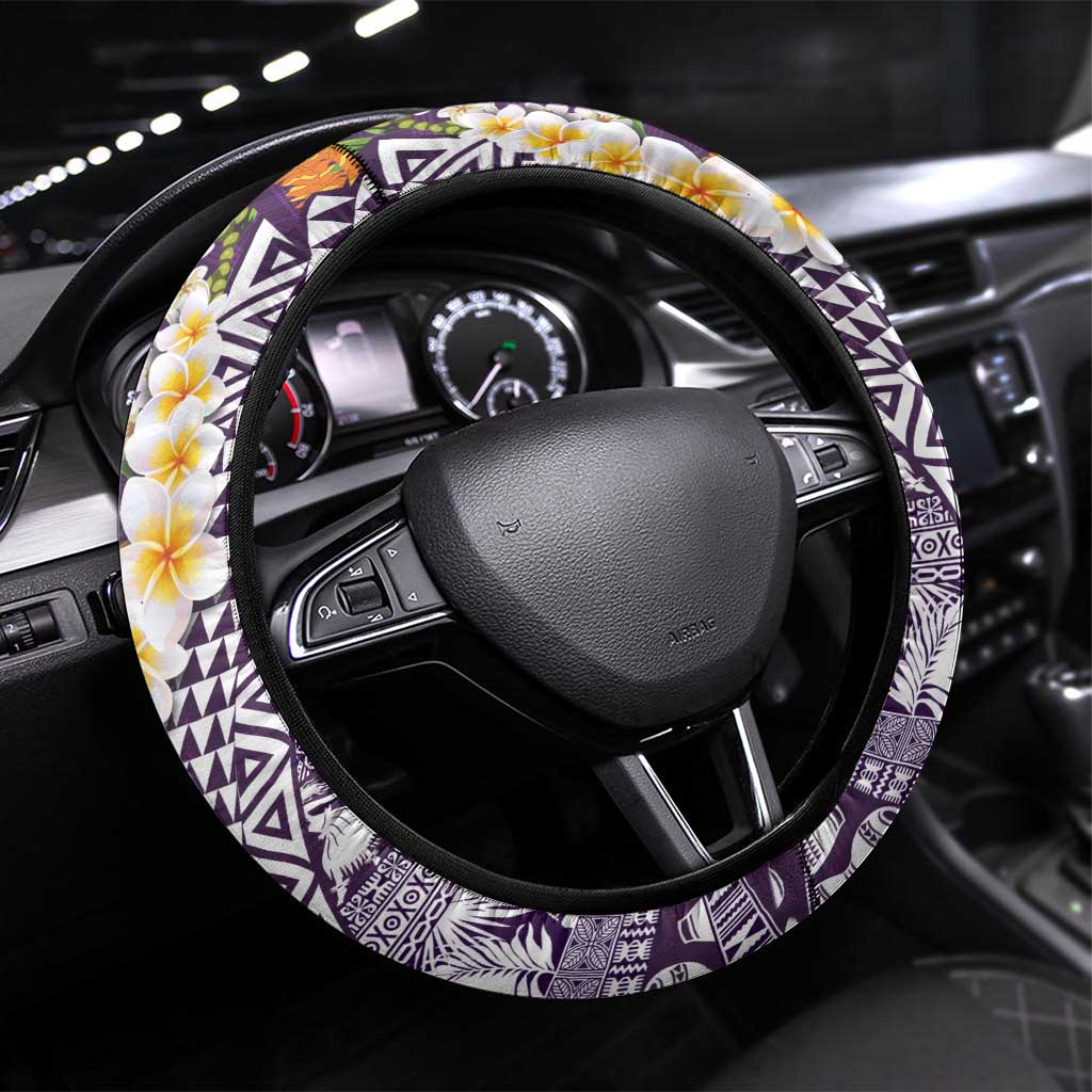 Hawaiian Plumeria Lei Steering Wheel Cover Kakau Motifs and Palaka Half Style Purple Color - Polynesian Pride