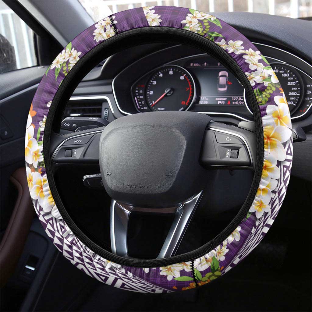 Hawaiian Plumeria Lei Steering Wheel Cover Kakau Motifs and Palaka Half Style Purple Color - Polynesian Pride