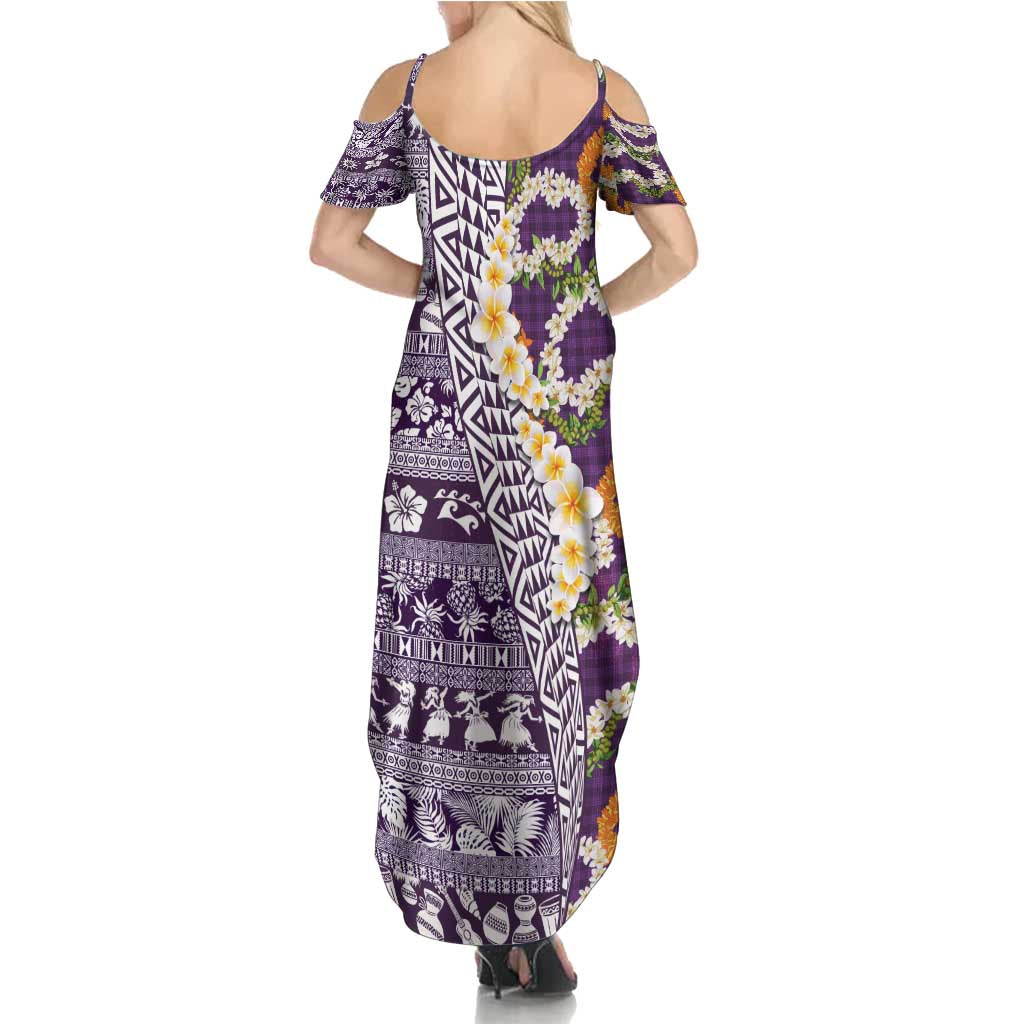 Hawaiian Plumeria Lei Summer Maxi Dress Kakau Motifs and Palaka Half Style Purple Color - Polynesian Pride