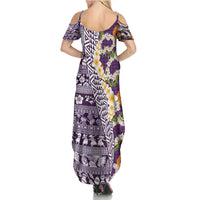 Hawaiian Plumeria Lei Summer Maxi Dress Kakau Motifs and Palaka Half Style Purple Color - Polynesian Pride