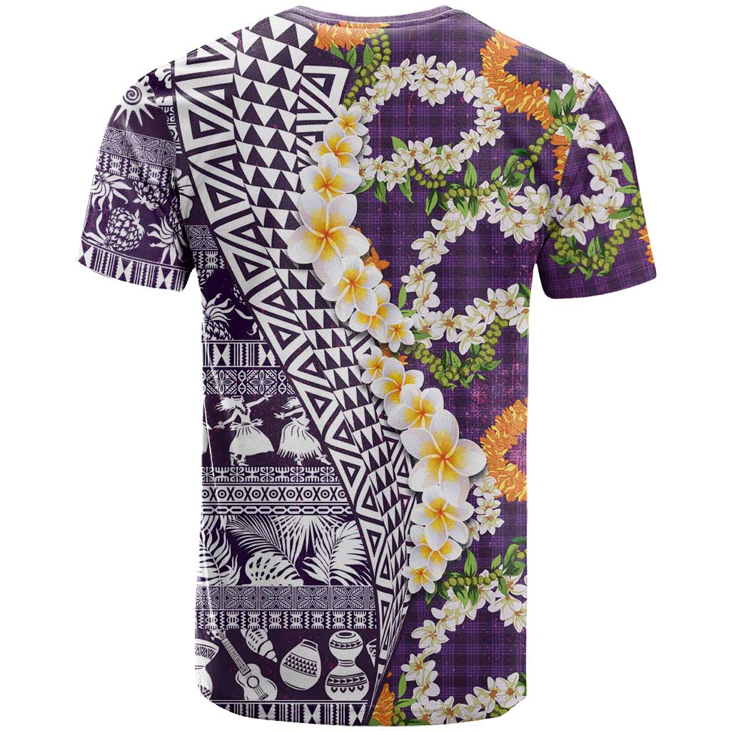 Hawaiian Plumeria Lei T Shirt Kakau Motifs and Palaka Half Style Purple Color - Polynesian Pride