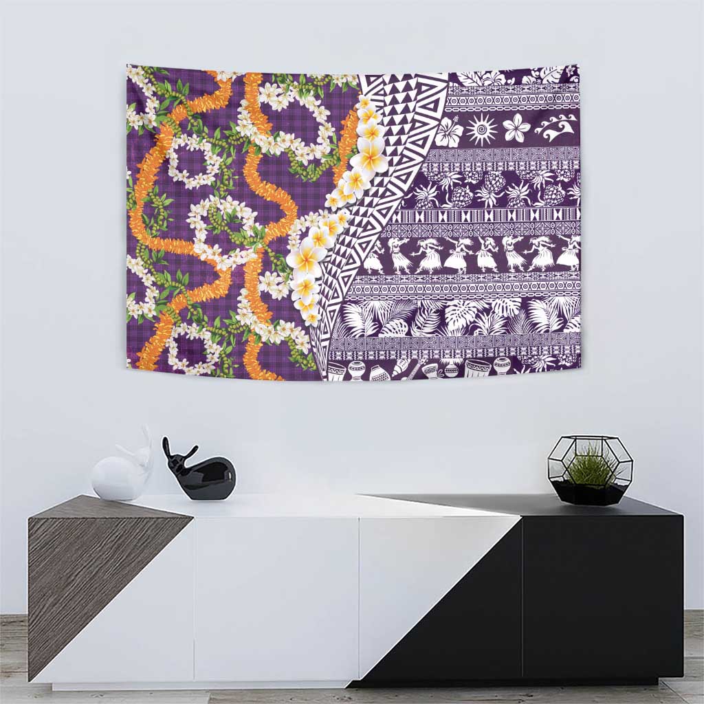 Hawaiian Plumeria Lei Tapestry Kakau Motifs and Palaka Half Style Purple Color - Polynesian Pride
