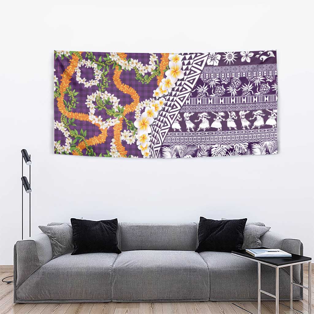 Hawaiian Plumeria Lei Tapestry Kakau Motifs and Palaka Half Style Purple Color - Polynesian Pride