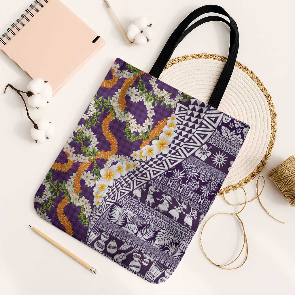 Hawaiian Plumeria Lei Tote Bag Kakau Motifs and Palaka Half Style Purple Color - Polynesian Pride