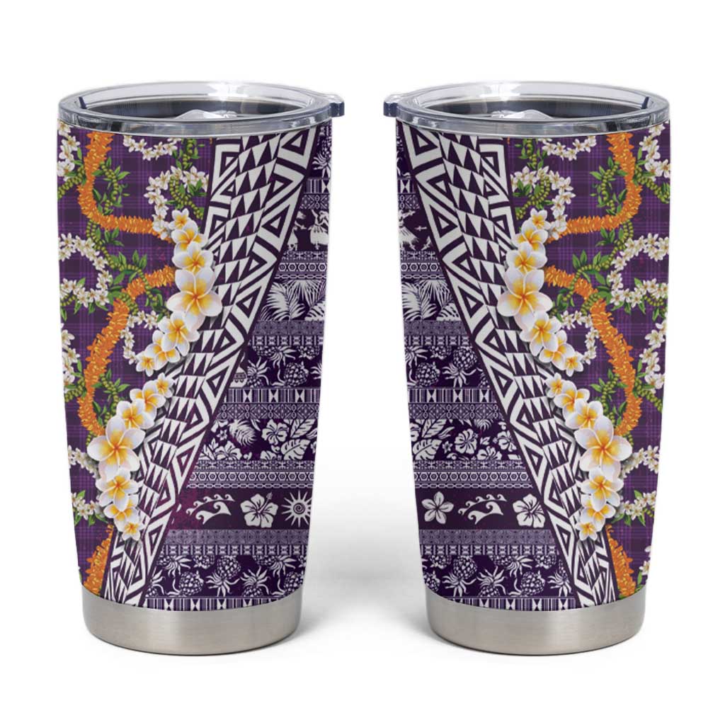 Hawaiian Plumeria Lei Tumbler Cup Kakau Motifs and Palaka Half Style Purple Color - Polynesian Pride
