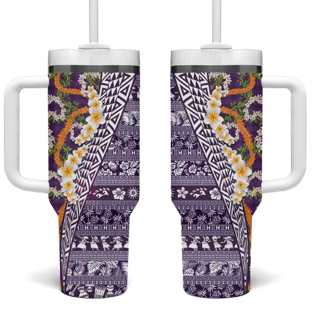 Hawaiian Plumeria Lei Tumbler With Handle Kakau Motifs and Palaka Half Style Purple Color - Polynesian Pride