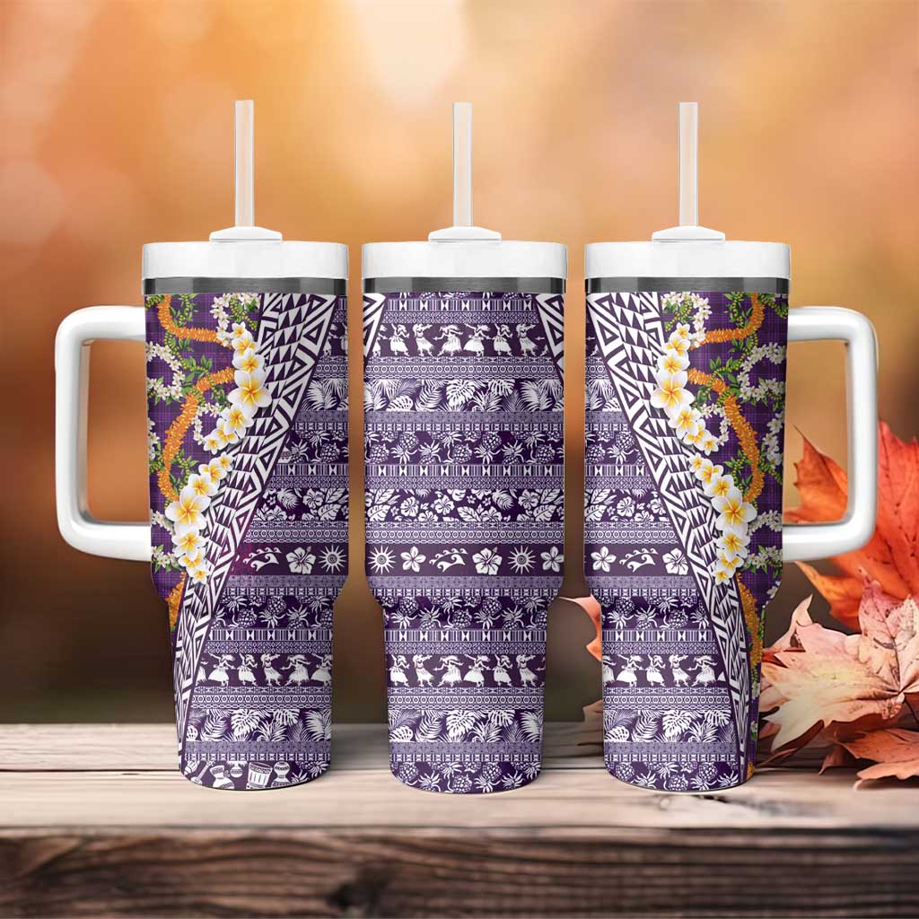 Hawaiian Plumeria Lei Tumbler With Handle Kakau Motifs and Palaka Half Style Purple Color - Polynesian Pride