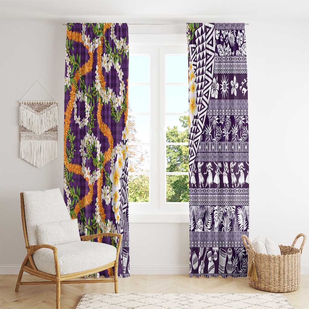 Hawaiian Plumeria Lei Window Curtain Kakau Motifs and Palaka Half Style Purple Color - Polynesian Pride