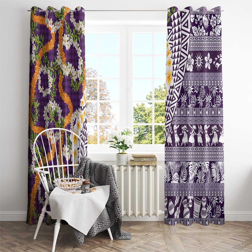 Hawaiian Plumeria Lei Window Curtain Kakau Motifs and Palaka Half Style Purple Color - Polynesian Pride