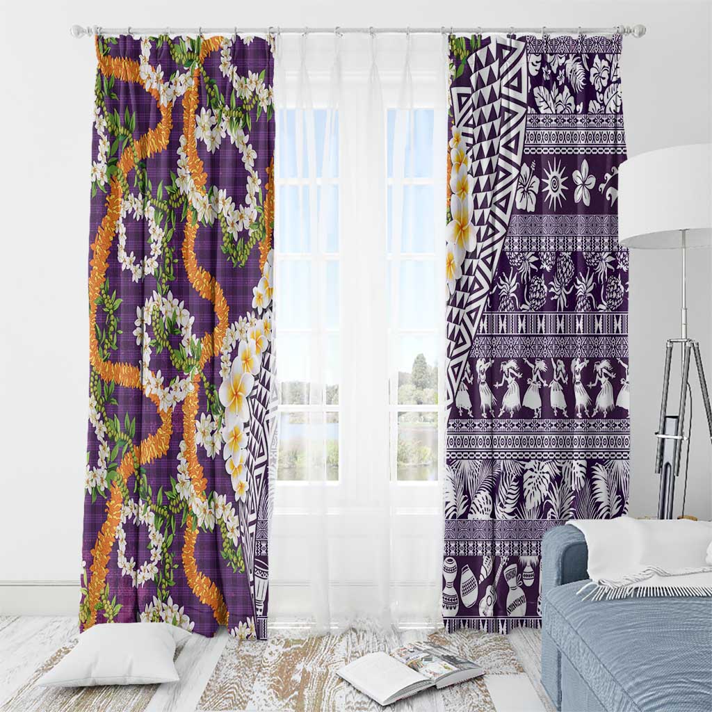 Hawaiian Plumeria Lei Window Curtain Kakau Motifs and Palaka Half Style Purple Color - Polynesian Pride