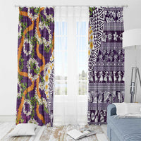 Hawaiian Plumeria Lei Window Curtain Kakau Motifs and Palaka Half Style Purple Color - Polynesian Pride