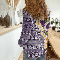 Hawaiian Plumeria Lei Women Casual Shirt Kakau Motifs and Palaka Half Style Purple Color - Polynesian Pride
