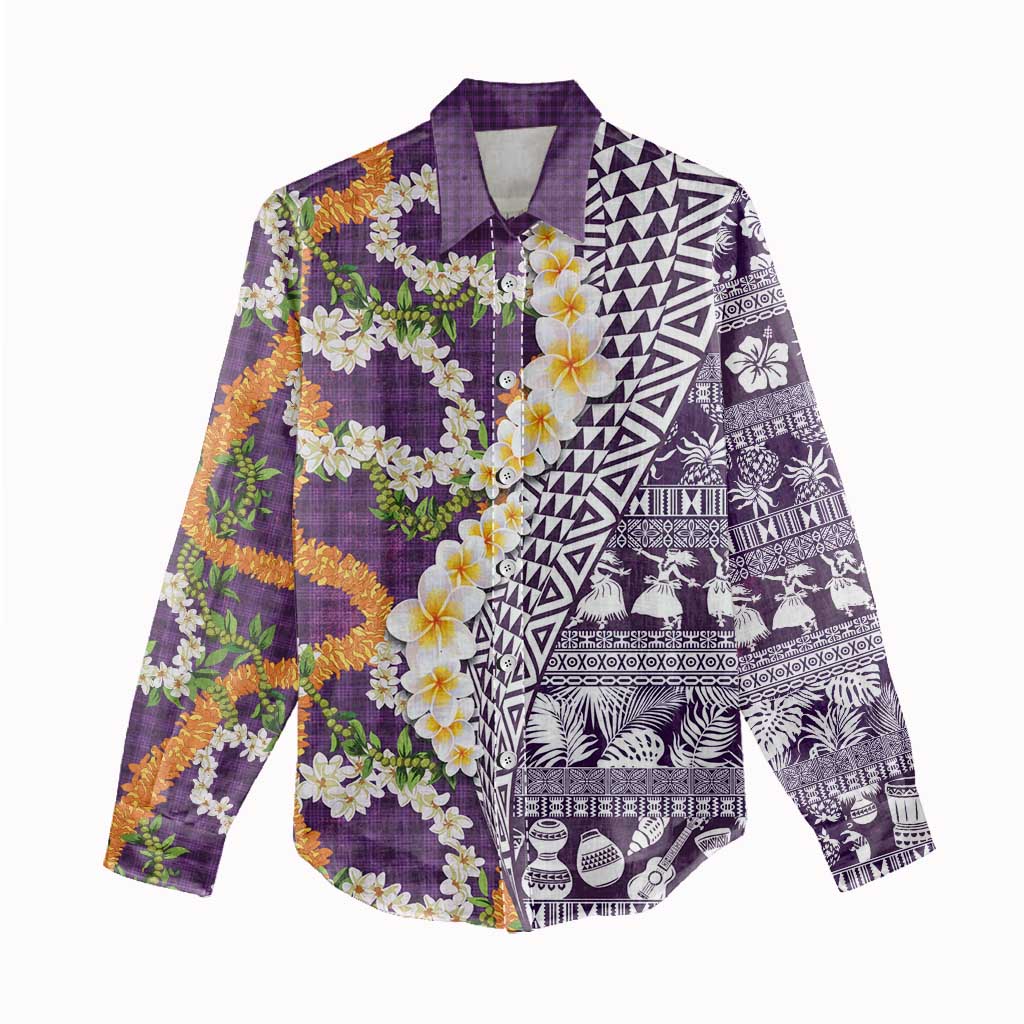 Hawaiian Plumeria Lei Women Casual Shirt Kakau Motifs and Palaka Half Style Purple Color - Polynesian Pride