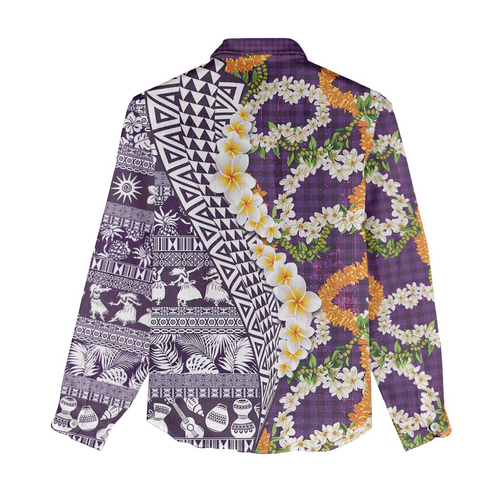 Hawaiian Plumeria Lei Women Casual Shirt Kakau Motifs and Palaka Half Style Purple Color - Polynesian Pride