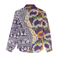 Hawaiian Plumeria Lei Women Casual Shirt Kakau Motifs and Palaka Half Style Purple Color - Polynesian Pride