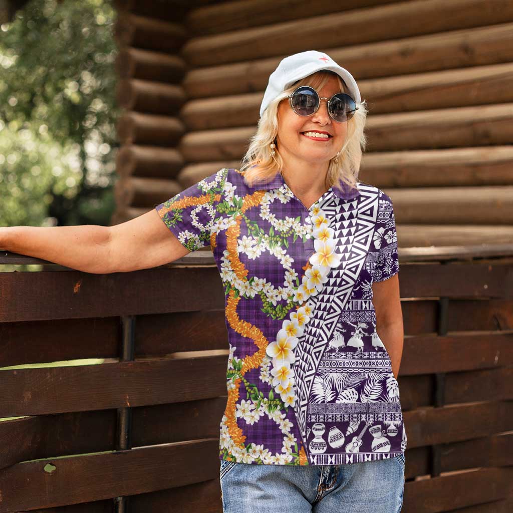 Hawaiian Plumeria Lei Women Polo Shirt Kakau Motifs and Palaka Half Style Purple Color - Polynesian Pride