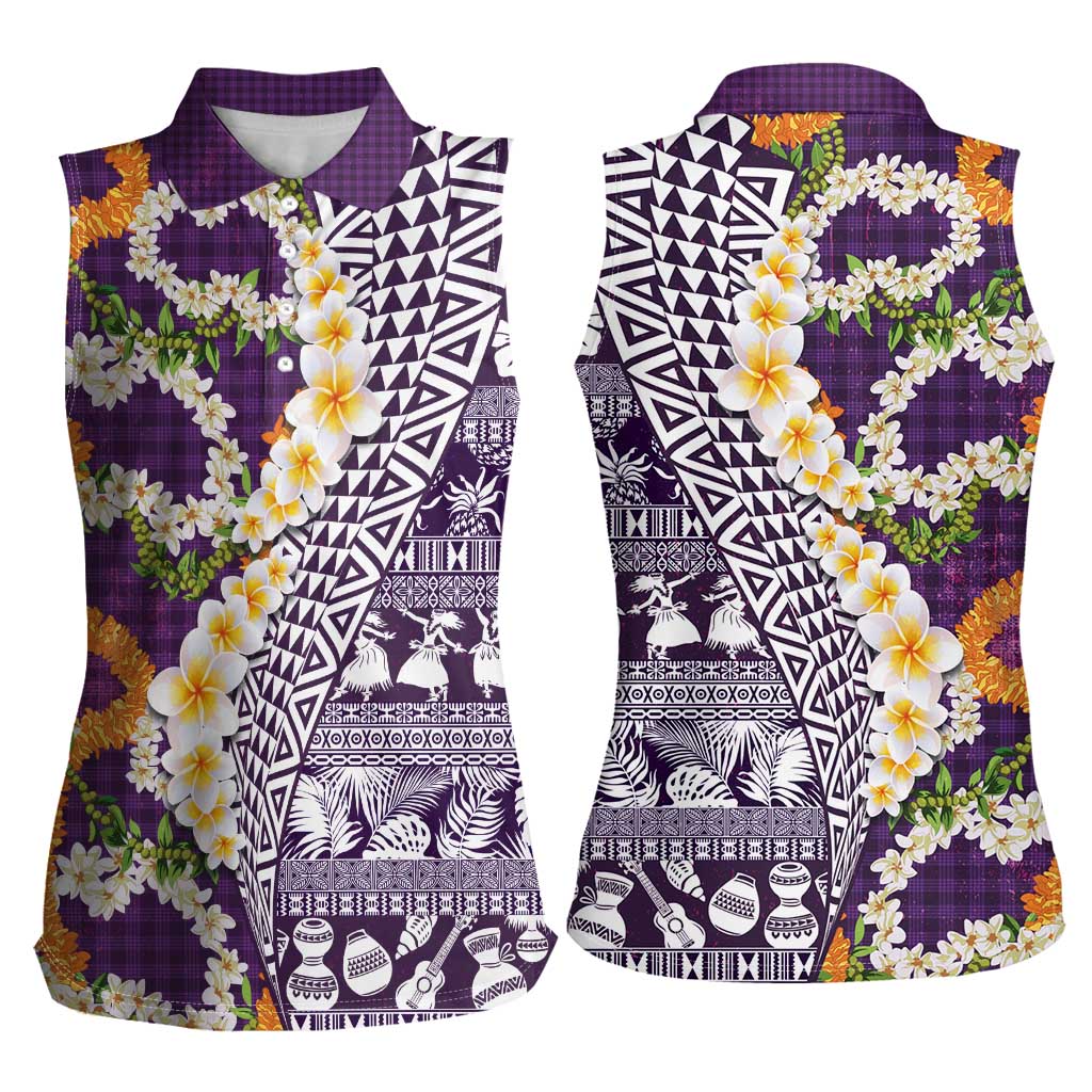 Hawaiian Plumeria Lei Women Sleeveless Polo Shirt Kakau Motifs and Palaka Half Style Purple Color - Polynesian Pride