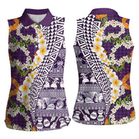 Hawaiian Plumeria Lei Women Sleeveless Polo Shirt Kakau Motifs and Palaka Half Style Purple Color - Polynesian Pride