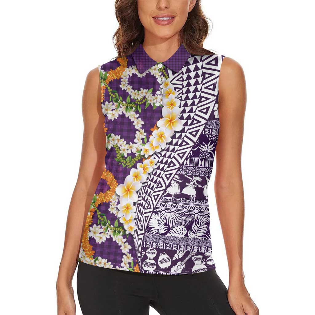 Hawaiian Plumeria Lei Women Sleeveless Polo Shirt Kakau Motifs and Palaka Half Style Purple Color - Polynesian Pride