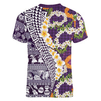 Hawaiian Plumeria Lei Women V-Neck T-Shirt Kakau Motifs and Palaka Half Style Purple Color - Polynesian Pride